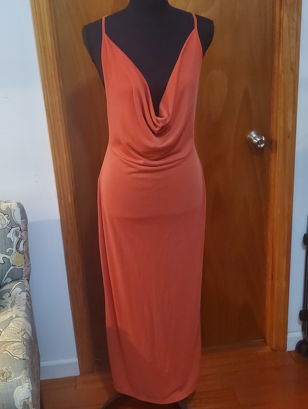 Forever 21 Coral Cowlneck Spaghetti Strap Maxi Dress With Side Slit Size Medium